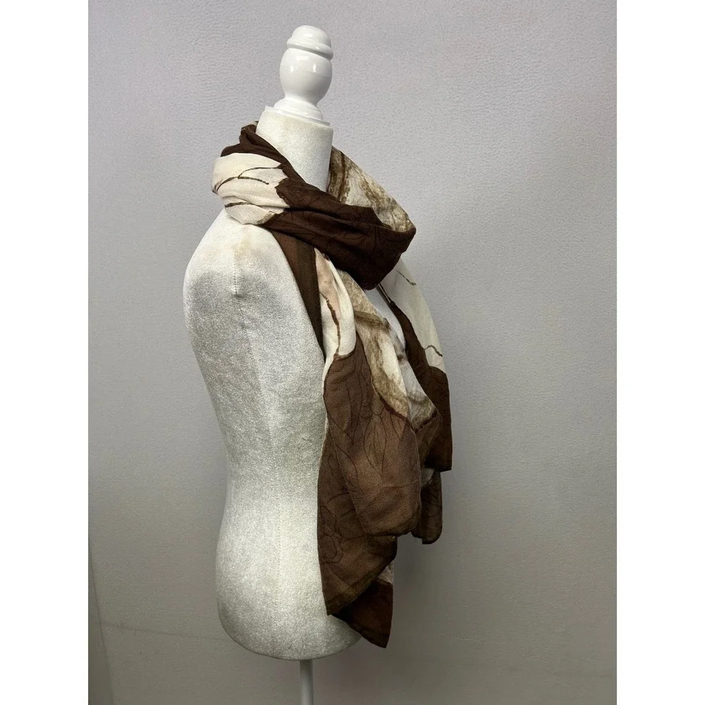 Boho Earthy Womens OS Brown Cream Floral Leaf Viscose Scarf Shawl